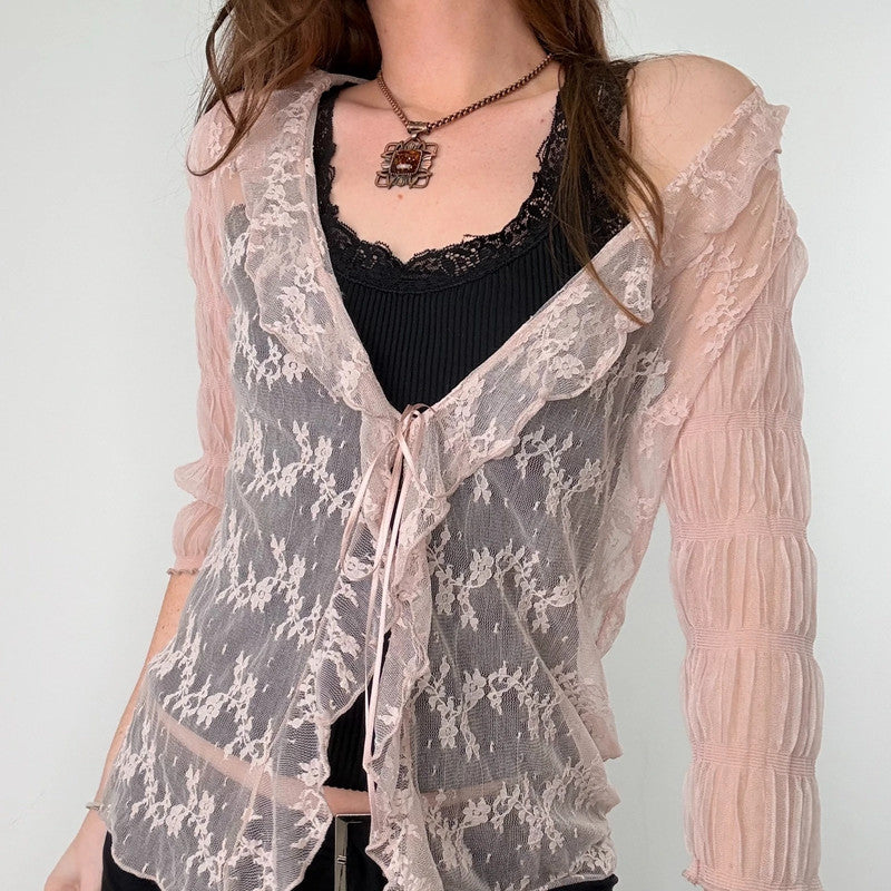 Pale pink floral lace gathered cinched blouse
