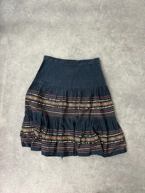 boho cord flared embroidered tiered sequin midi skirt