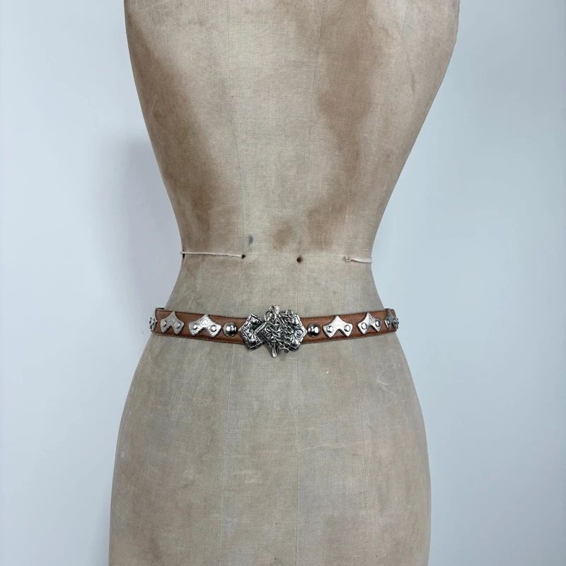 silver metal western leather belt