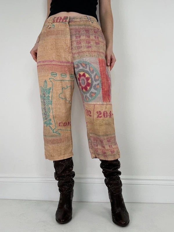 Printed abstract summer textured capri trousers