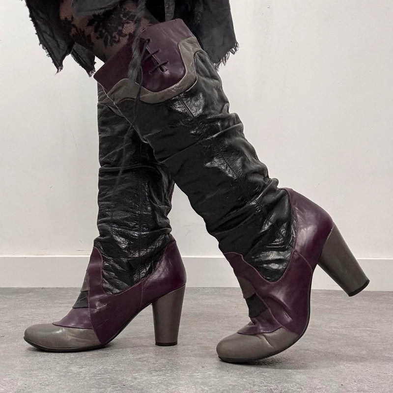 Grunge leather ruched heel boots