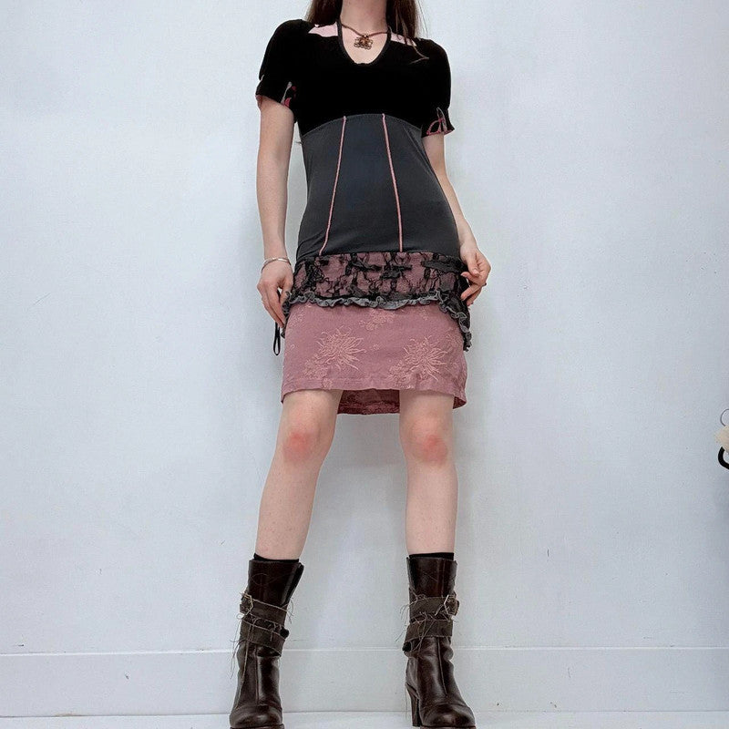 pink y2k lace jersey dress