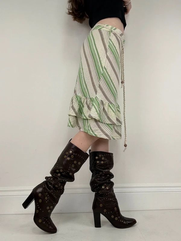 Pinstripe ruffle boho Y2K midi skirt