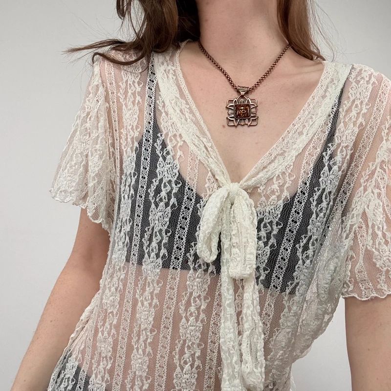 sheer cream lace floral mesh bow top