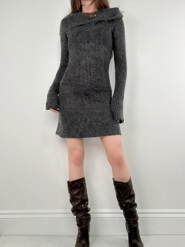 grey mohair knit slouchy off the shoulder dress