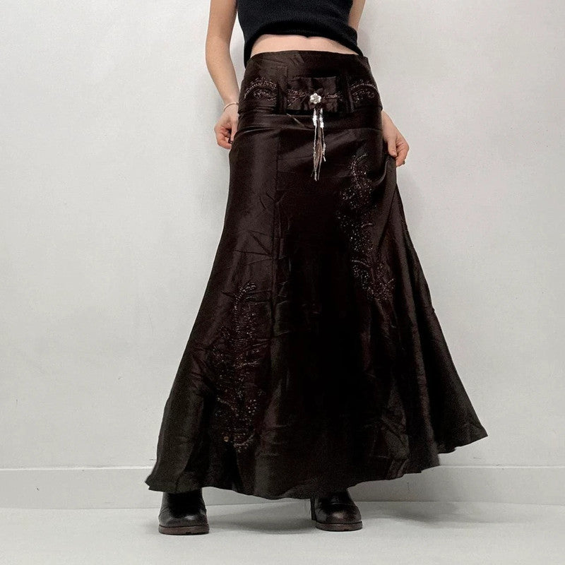 brown flared satin maxi skirt
