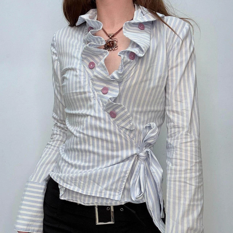 asymmetric striped ruffle shirt