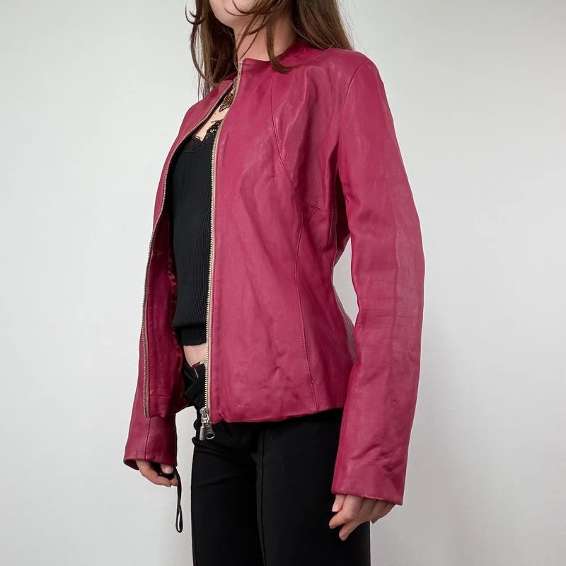 fitted 90s pink leather zip-up jacket