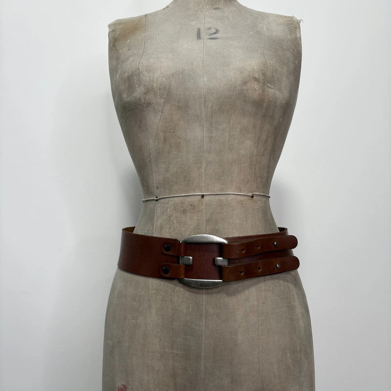 brown leather chunky buckl belt