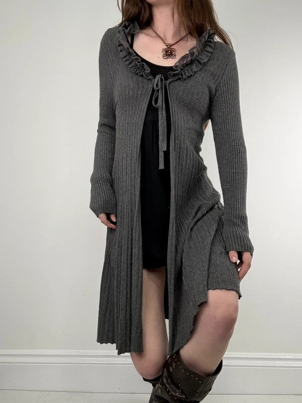 ribbed knit flutter grey long ruffle cardigan