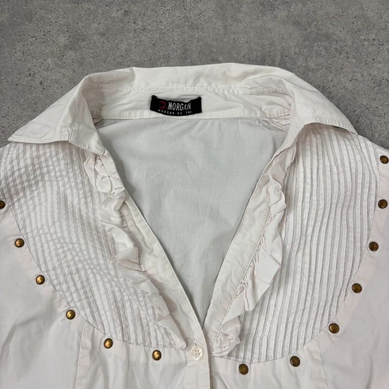 white pleated studded cotton napoleonic Morgan shirt