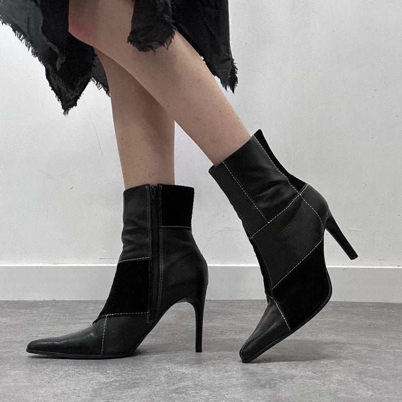 patchwork black suede heel boots