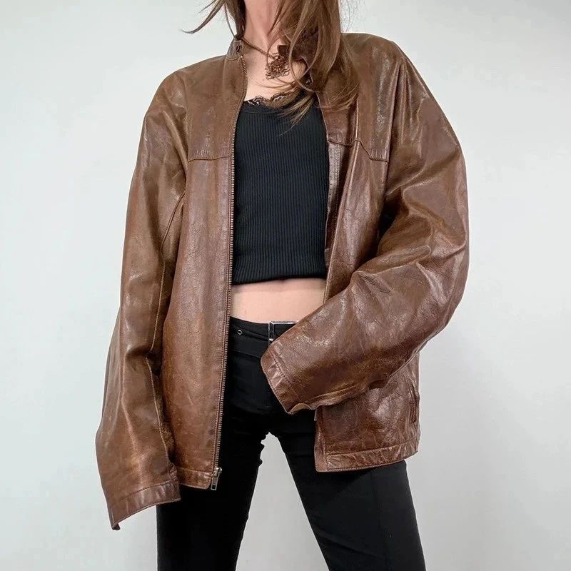 Brown Oversized Leather Bomber Jacket