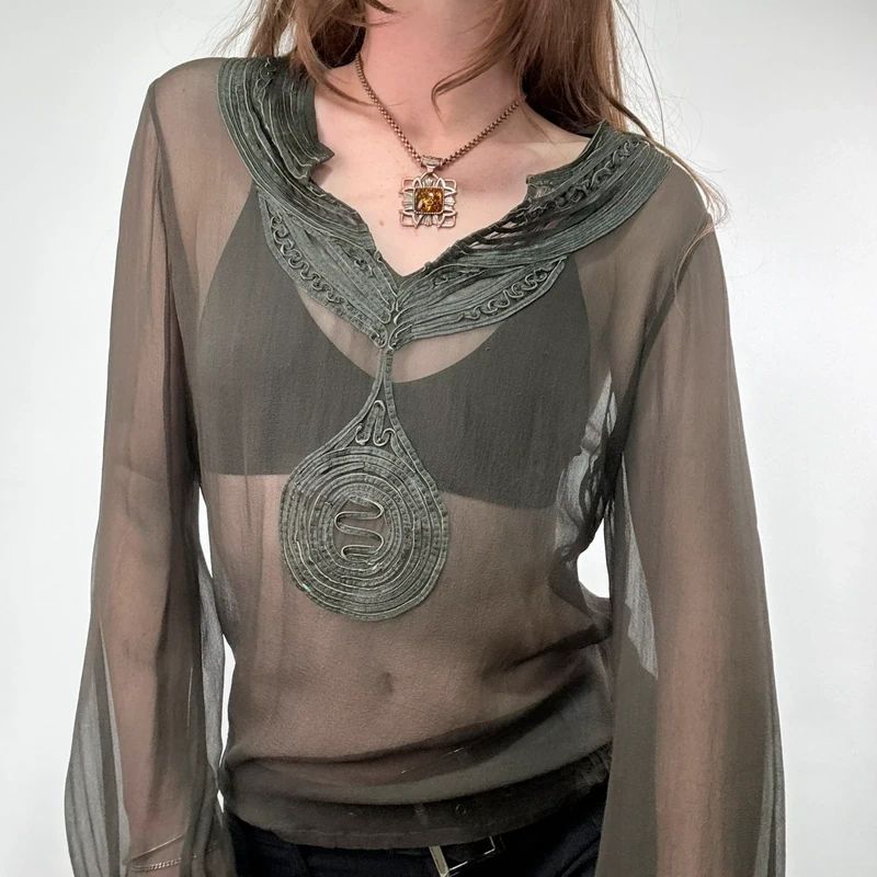 Antik Batik khaki sheer silk blouse