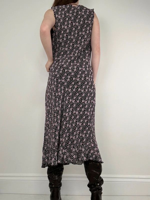 black polkadot ruffle flutter midi dress