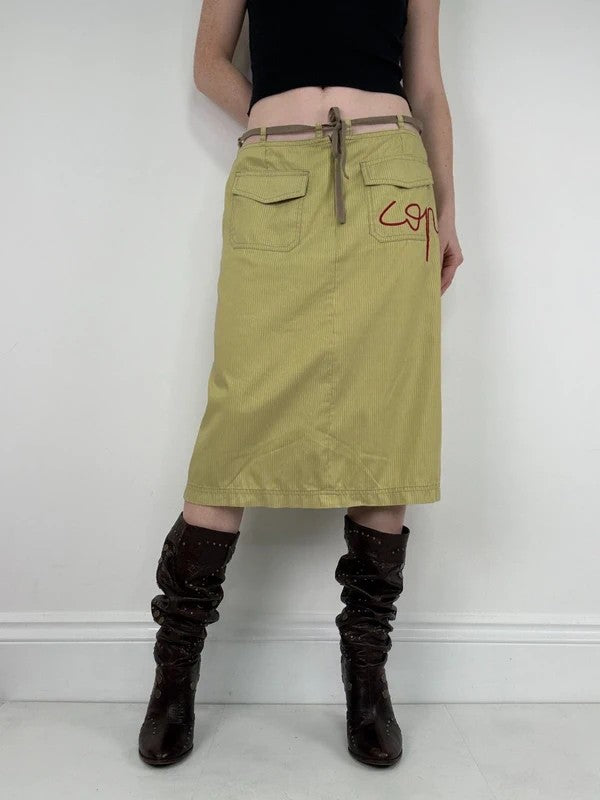 green pinstripe Cop Copine midi cargo skirt