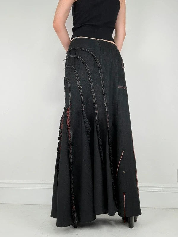 Flared black distressed maxi skirt