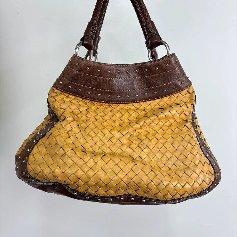 Woven leather brown Karen millen studded handbag