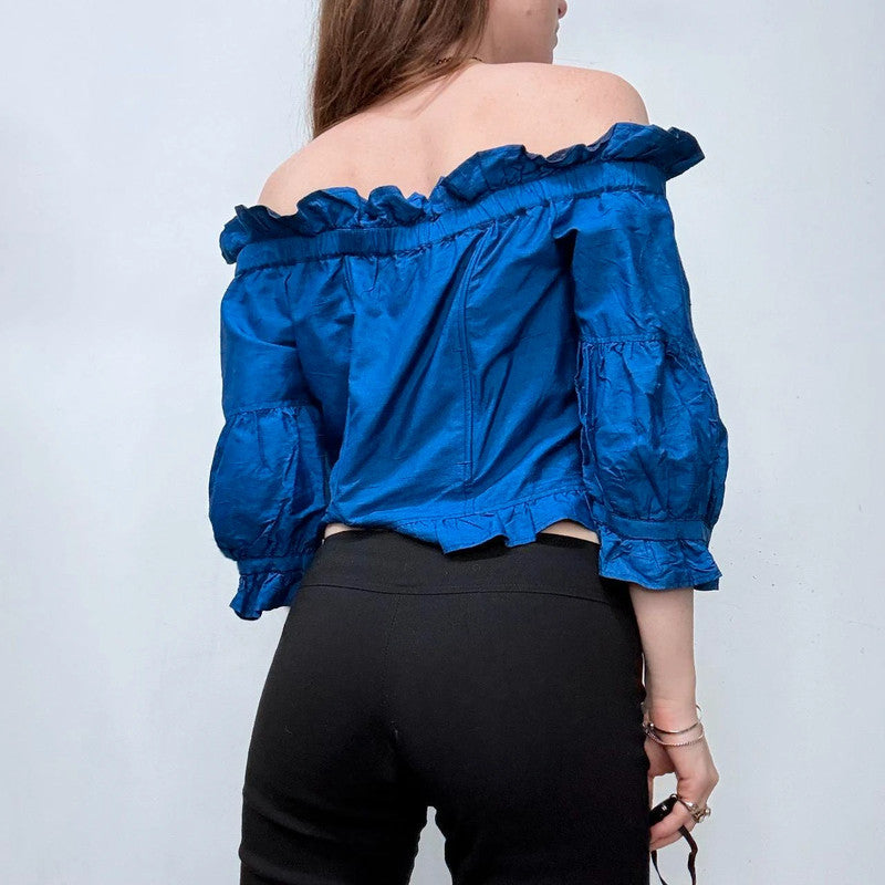 blue silk off the shoulder ruffle blouse