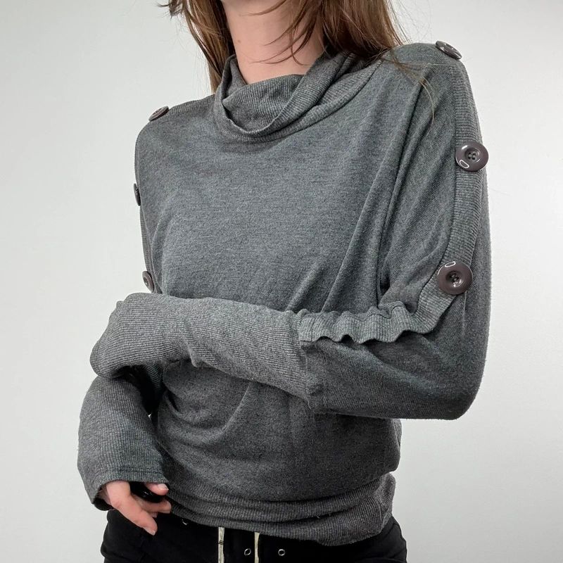 grey slouchy knit ribbed fitted jumper with button details