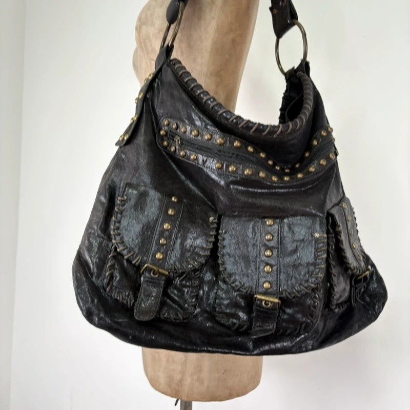 Black studded stitched slouchy shoulder bag