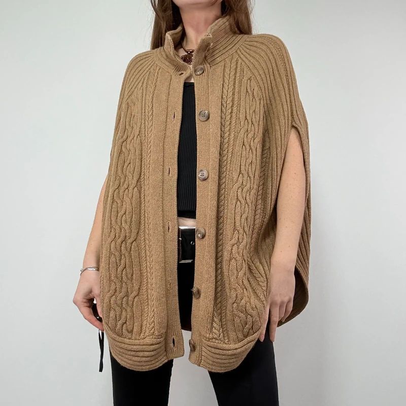 Tan Cable Knit Cape Cardigan