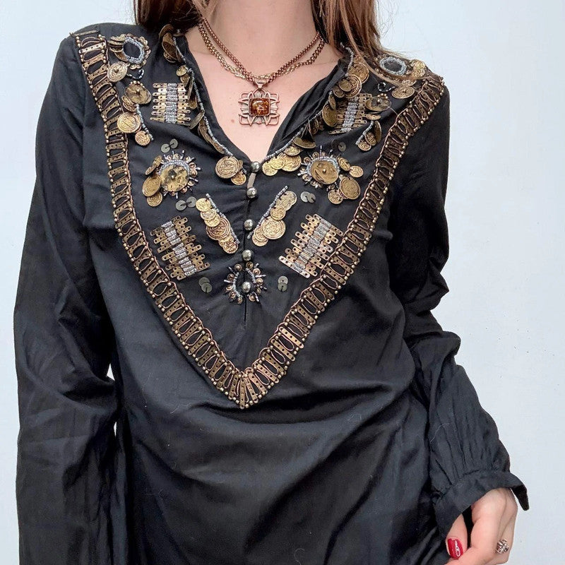 black flared coin hippie shirt