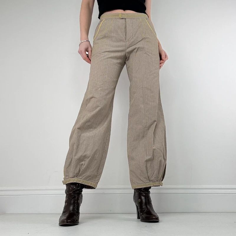 brown pinstripe pleated hem puff cotton trousers