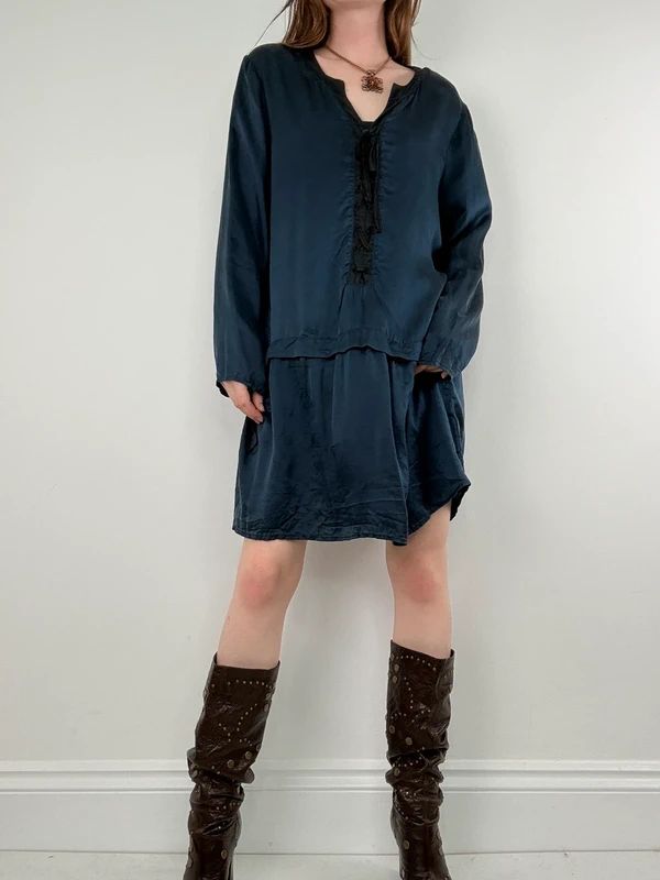 navy silk drop waist long sleeve shirt dress