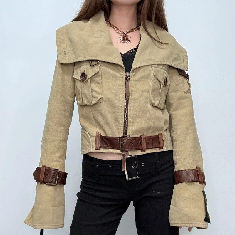 buckle belted flared cargo jacket