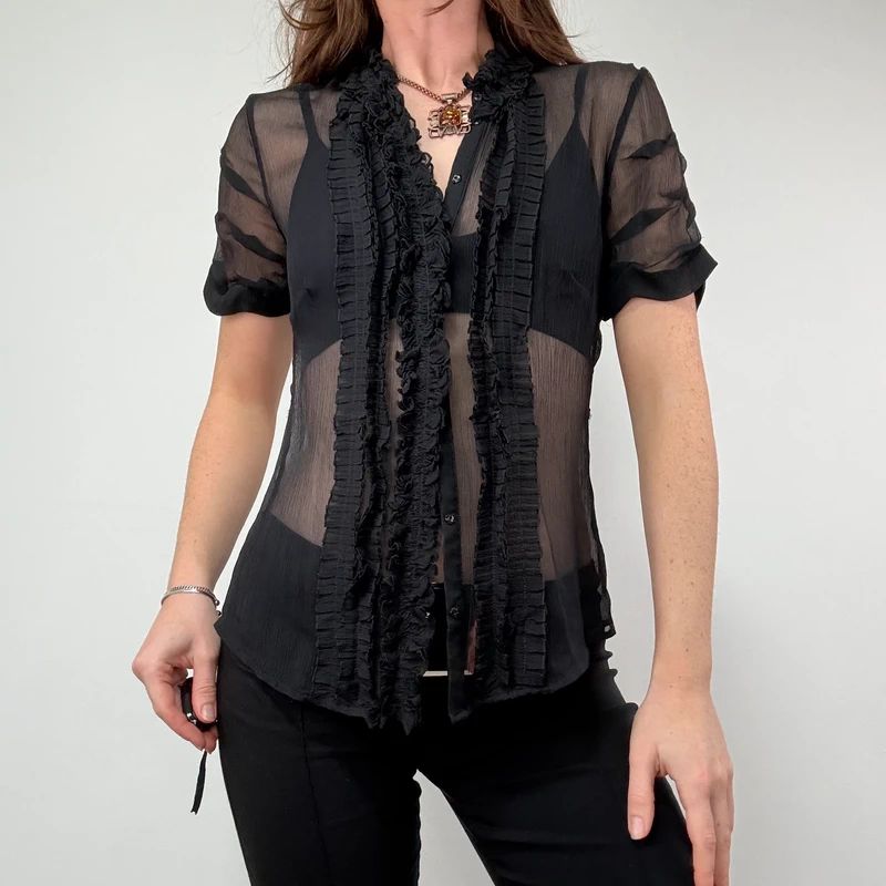 black sheer silk ruffle shirt with short sleeves