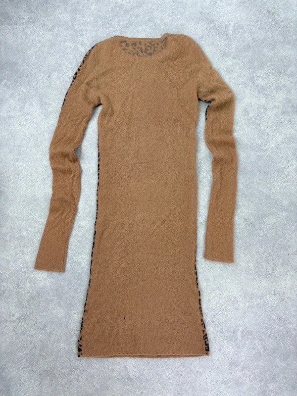 sheer knit long sleeve slouchy leopard printed dress