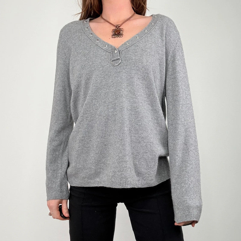 grey cashmere slouchy studded jumper