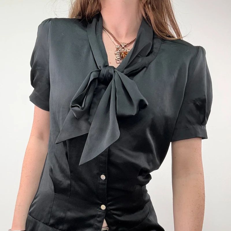 Black Satin Fitted Bow Shirt