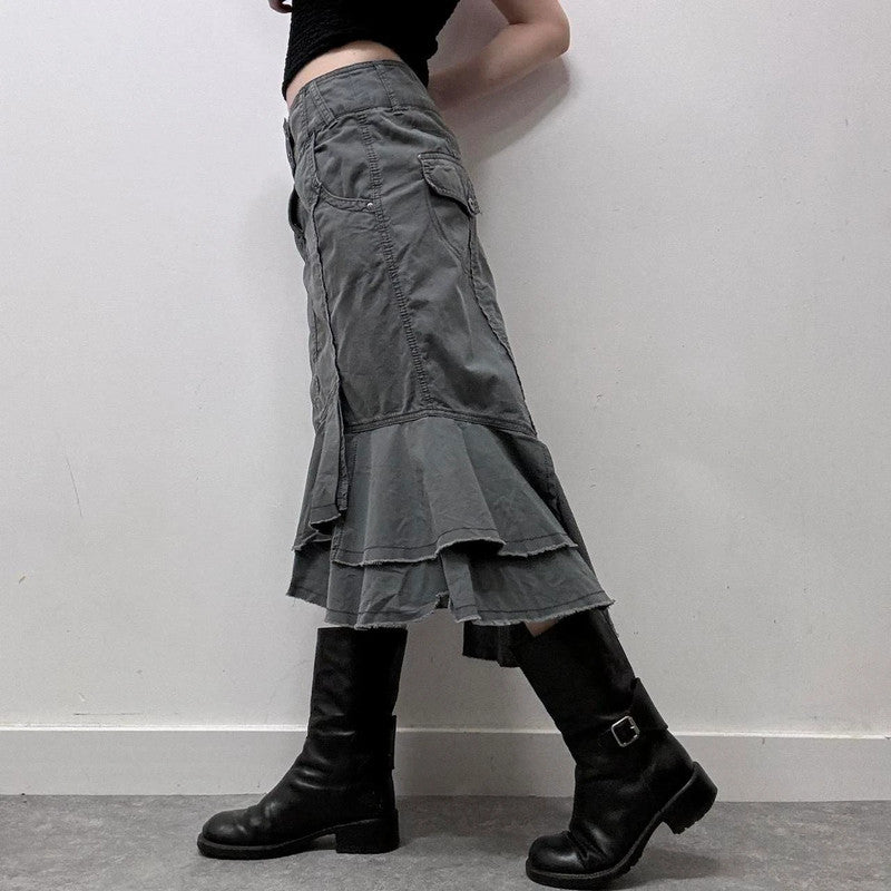 khaki denim asymmetric ruffle skirt