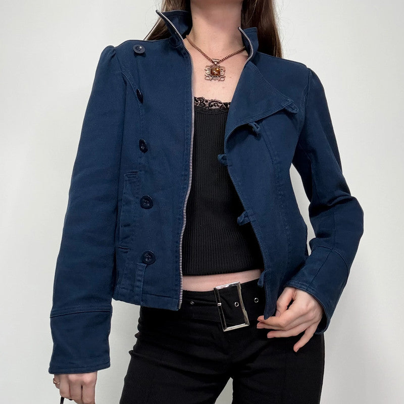 blue asymmetric button military jacket
