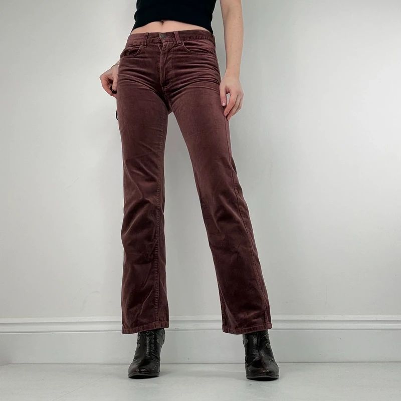burgundy flared leg velour trousers