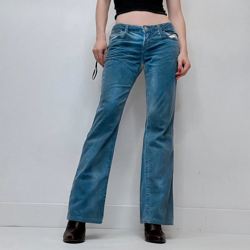 low-rise distressed blue crinkle jeans