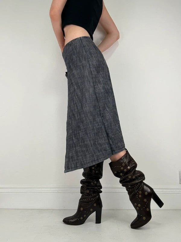 Pleated buckle front denim grunge midi skirt