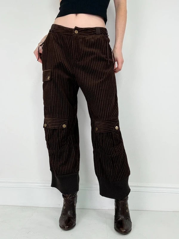 brown pinstriped ribbed Jumbo cord capri trousers