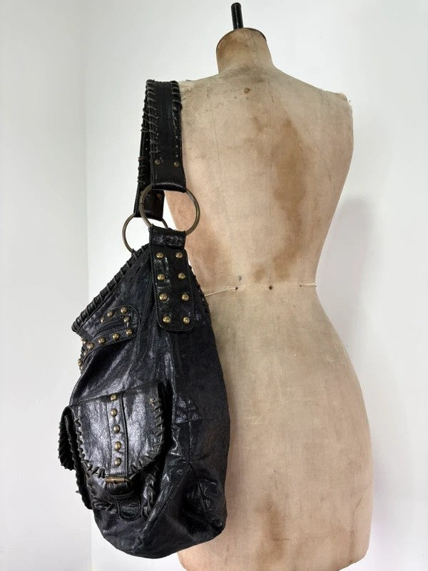 Black studded stitched slouchy shoulder bag