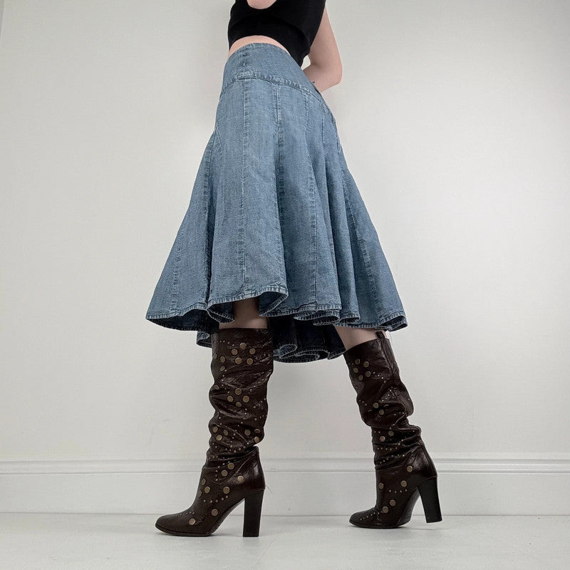 flared denim panelled midi skirt