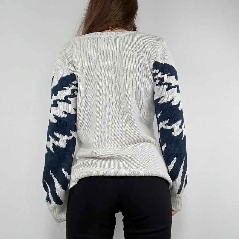 chunky knitted slouchy neck graphic jumper
