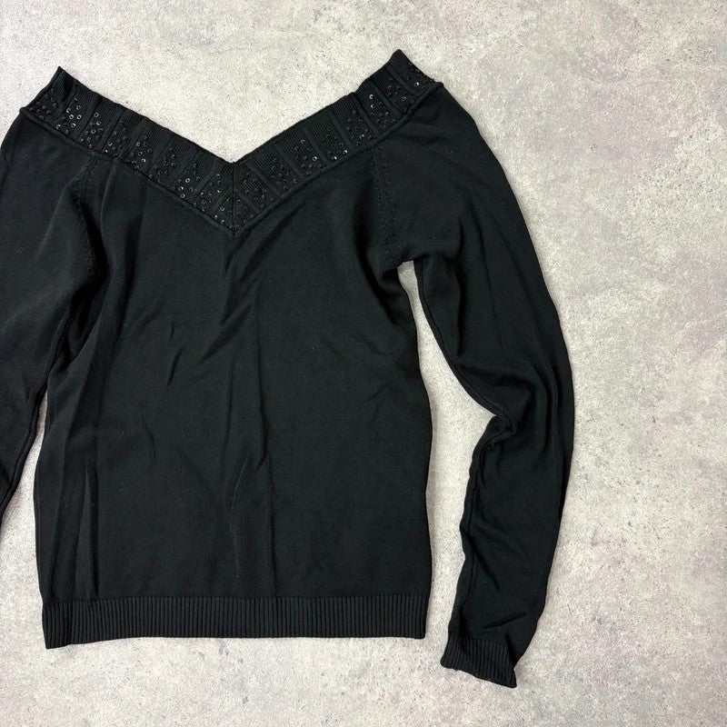slouchy black off the shoulder glitter ribbed sweater