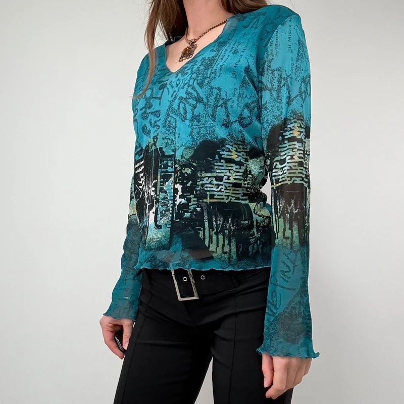 Graphic printed Grunge Mesh Top