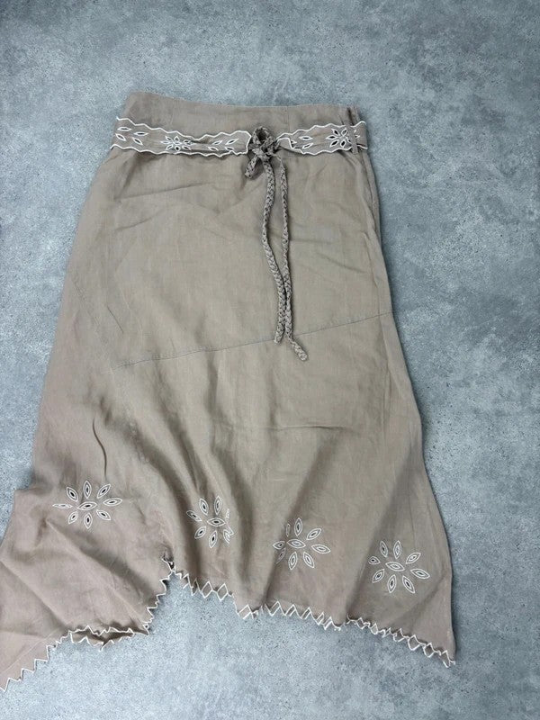 Beige linen boho western asymmetrical flared maxi skirt
