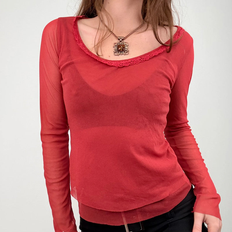 red sheer mesh layered long sleeve t-shirt