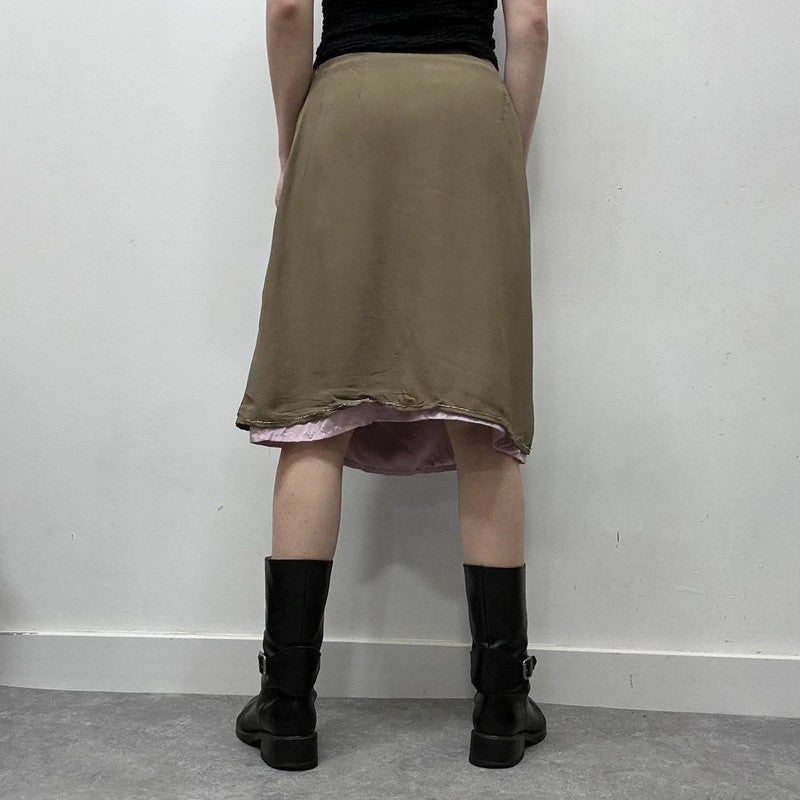 khaki silky layered midi skirt