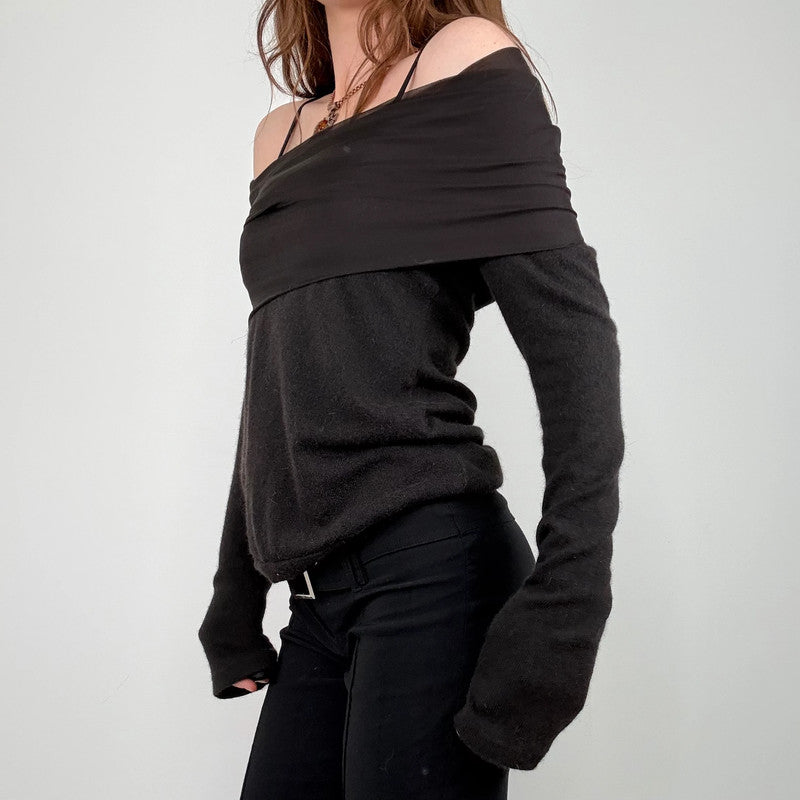brown angora knitted off the shoulder jumper