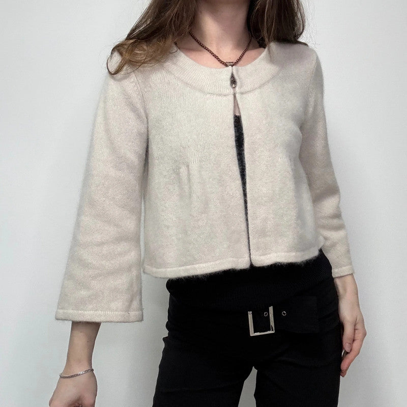 cropped cream angora fluffy knit cardigan